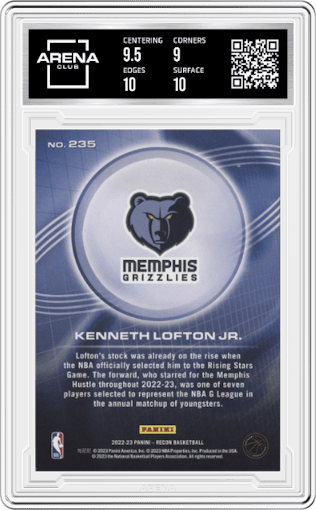 Kenneth Lofton Jr. from the 2022-23 Panini Recon Basketball set featuring a Red parallel graded by Arena Club and given an overall grade of 9.5.