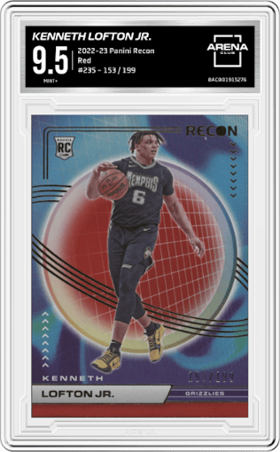 Kenneth Lofton Jr. from the 2022-23 Panini Recon Basketball set featuring a Red parallel graded by Arena Club and given an overall grade of 9.5.