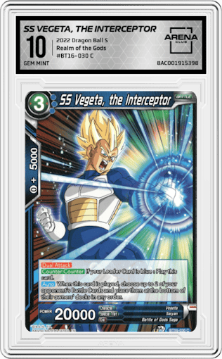SS Vegeta, the Interceptor from the 2022 Dragon Ball S set graded by Arena Club and given an overall grade of 10.