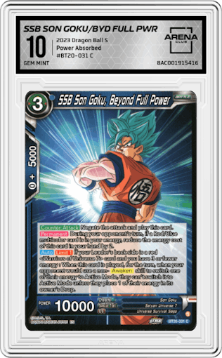 SSB Son Goku, Beyond Full Power from the 2023 Dragon Ball S set graded by Arena Club and given an overall grade of 10.