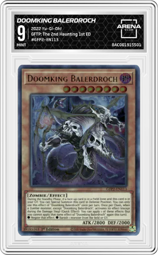 Doomking Balerdroch from the 2022 Yu-Gi-Oh! set graded by Arena Club and given an overall grade of 9.