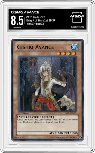Gishki Avance from the 2013 Yu-Gi-Oh! set graded by Arena Club and given an overall grade of 8.5.