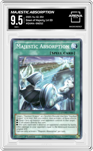 Majestic Absorption from the 2021 Yu-Gi-Oh! set graded by Arena Club and given an overall grade of 9.5.
