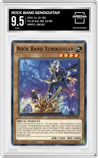 Rock Band Xenoguitar from the 2021 Yu-Gi-Oh! set graded by Arena Club and given an overall grade of 9.5.