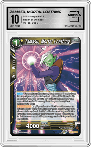 Zamasu, Mortal Loathing from the 2022 Dragon Ball S set graded by Arena Club and given an overall grade of 10.