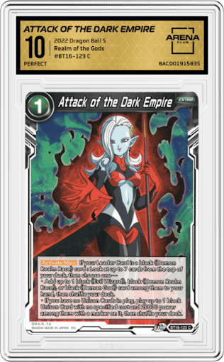 Attack of the Dark Empire from the 2022 Dragon Ball S set graded by Arena Club and given an overall grade of 10.