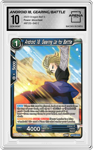 Android 18, Gearing Up for Battle from the 2023 Dragon Ball S set graded by Arena Club and given an overall grade of 10.