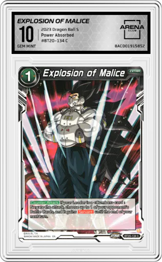 Explosion of Malice from the 2023 Dragon Ball S set graded by Arena Club and given an overall grade of 10.