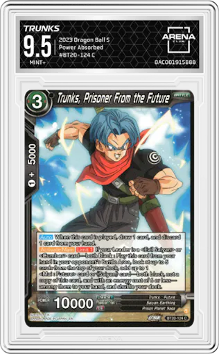 Trunks, Prisoner From the Future from the 2023 Dragon Ball S set graded by Arena Club and given an overall grade of 9.5.