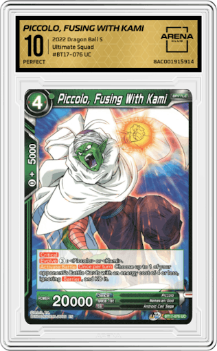 Piccolo, Fusing With Kami from the 2022 Dragon Ball S set graded by Arena Club and given an overall grade of 10.