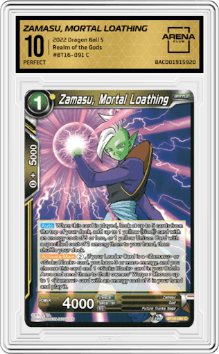 Zamasu, Mortal Loathing from the 2022 Dragon Ball S set graded by Arena Club and given an overall grade of 10.