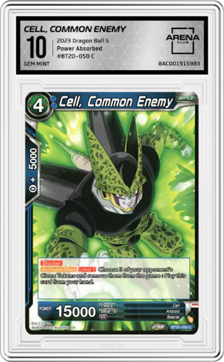 Cell, Common Enemy from the 2023 Dragon Ball S set graded by Arena Club and given an overall grade of 10.