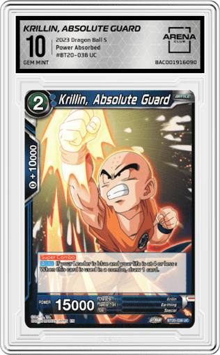 Krillin, Absolute Guard from the 2023 Dragon Ball S set graded by Arena Club and given an overall grade of 10.