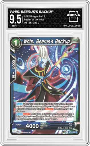 Whis, Beerus's Backup from the 2022 Dragon Ball S set graded by Arena Club and given an overall grade of 9.5.