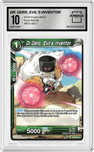 Dr. Gero, Evil's Inventor from the 2018 Dragon Ball S set graded by Arena Club and given an overall grade of 10.
