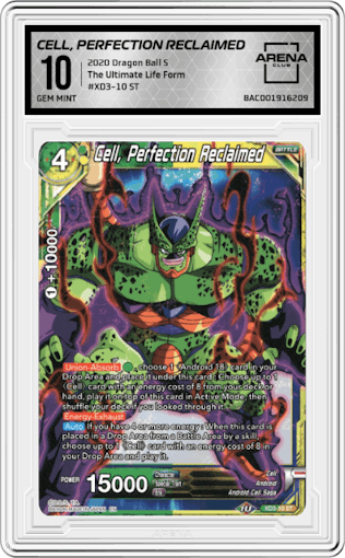 Cell, Perfection Reclaimed from the 2020 Dragon Ball S set graded by Arena Club and given an overall grade of 10.