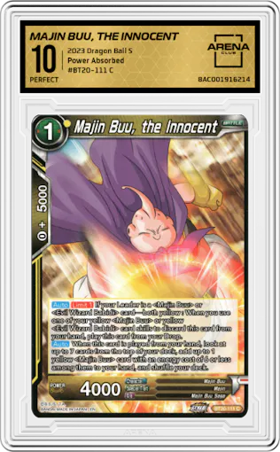 Majin Buu, the Innocent from the 2023 Dragon Ball S set graded by Arena Club and given an overall grade of 10.