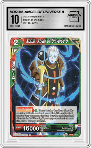 Korun, Angel of Universe 8 from the 2022 Dragon Ball S set graded by Arena Club and given an overall grade of 10.