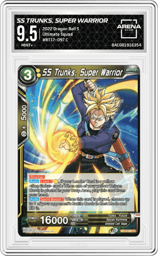 SS Trunks, Super Warrior from the 2022 Dragon Ball S set graded by Arena Club and given an overall grade of 9.5.