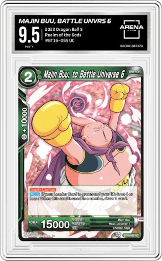 Majin Buu, to Battle Universe 6 from the 2022 Dragon Ball S set graded by Arena Club and given an overall grade of 9.5.
