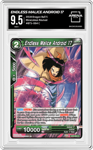 Endless Malice Android 17 from the 2018 Dragon Ball S set graded by Arena Club and given an overall grade of 9.5.