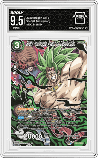 Broly, Invincible Agent of Destruction from the 2020 Dragon Ball S set graded by Arena Club and given an overall grade of 9.5.