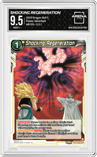 Shocking Regeneration from the 2023 Dragon Ball S set graded by Arena Club and given an overall grade of 9.5.
