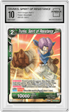 Trunks, Spirit of Resistance from the 2023 Dragon Ball S set graded by Arena Club and given an overall grade of 10.