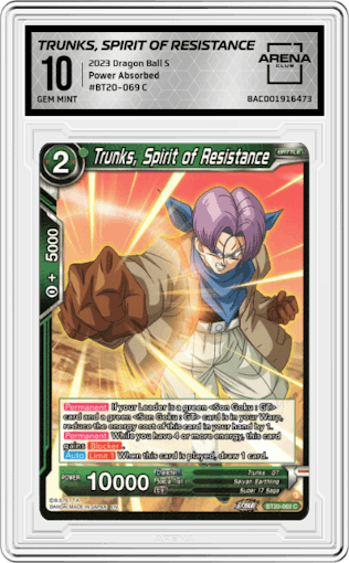 Trunks, Spirit of Resistance from the 2023 Dragon Ball S set graded by Arena Club and given an overall grade of 10.