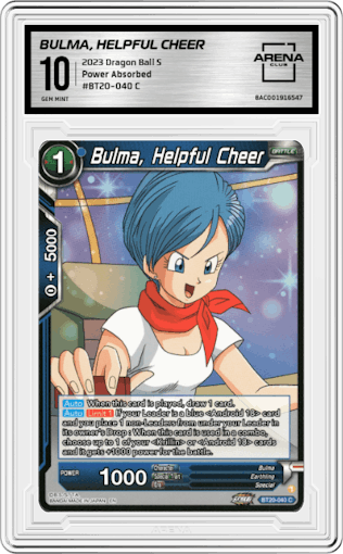 Bulma, Helpful Cheer from the 2023 Dragon Ball S set graded by Arena Club and given an overall grade of 10.