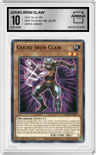 Gouki Iron Claw from the 2021 Yu-Gi-Oh! set graded by Arena Club and given an overall grade of 10.