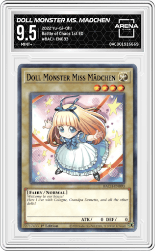 Doll Monster Miss Madchen from the 2022 Yu-Gi-Oh! set graded by Arena Club and given an overall grade of 9.5.