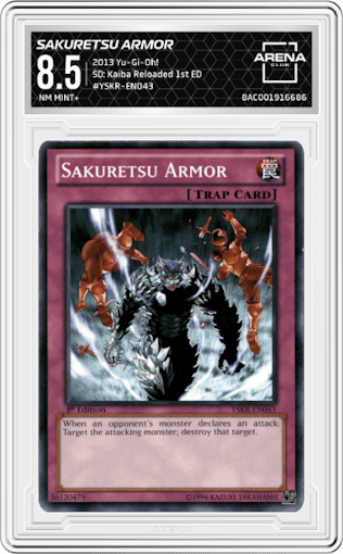 Sakuretsu Armor from the 2013 Yu-Gi-Oh! set graded by Arena Club and given an overall grade of 8.5.