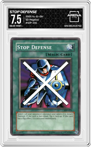 Stop Defense from the 2003 Yu-Gi-Oh! set graded by Arena Club and given an overall grade of 7.5.