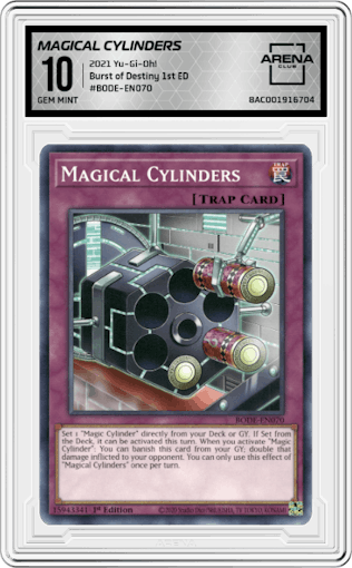 Magical Cylinders from the 2021 Yu-Gi-Oh! set graded by Arena Club and given an overall grade of 10.