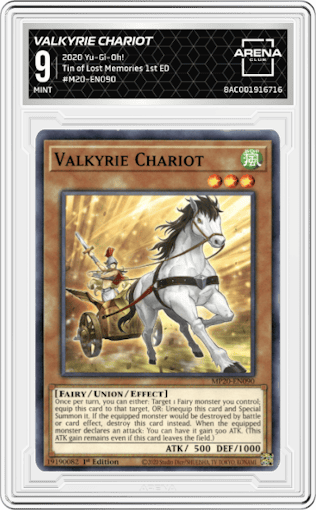 Valkyrie Chariot from the 2020 Yu-Gi-Oh! set graded by Arena Club and given an overall grade of 9.