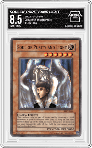 Soul of Purity and Light from the 2003 Yu-Gi-Oh! set graded by Arena Club and given an overall grade of 8.5.