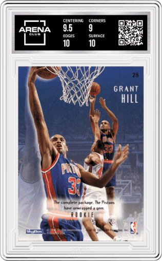 Grant Hill from the 1994-95 Skybox E-Motion set graded by Arena Club and given an overall grade of 9.5.