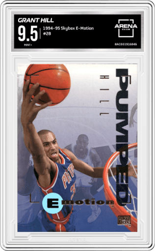 Grant Hill from the 1994-95 Skybox E-Motion set graded by Arena Club and given an overall grade of 9.5.