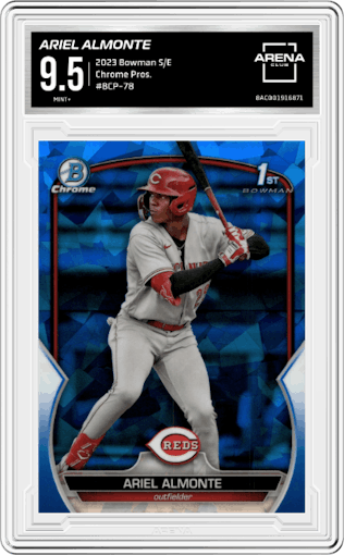 Ariel Almonte from the 2023 Bowman Sapphire Edition set graded by Arena Club and given an overall grade of 9.5.