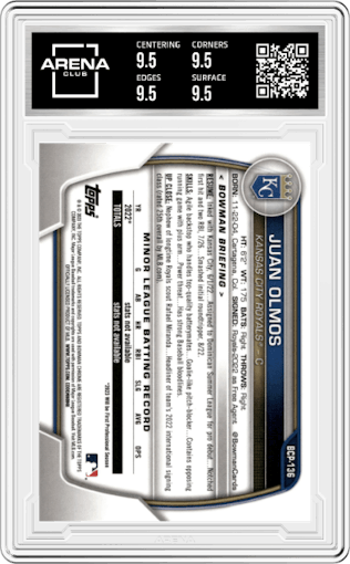 Juan Olmos from the 2023 Bowman Sapphire Edition set graded by Arena Club and given an overall grade of 9.5.