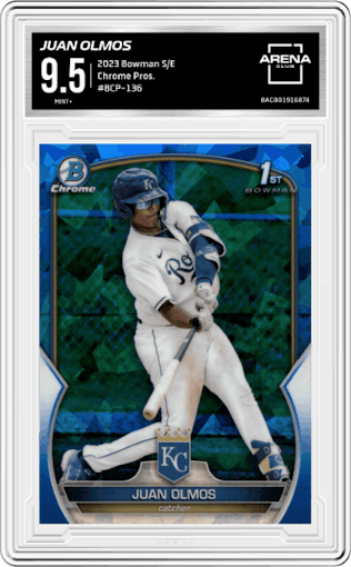 Juan Olmos from the 2023 Bowman Sapphire Edition set graded by Arena Club and given an overall grade of 9.5.