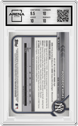Roderick Arias from the 2022 Bowman Chrome set graded by Arena Club and given an overall grade of 10.