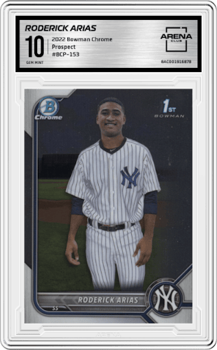 Roderick Arias from the 2022 Bowman Chrome set graded by Arena Club and given an overall grade of 10.