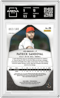 Patrick Sandoval from the 2020 Panini Prizm set featuring a  Neon Orange parallel graded by Arena Club and given an overall grade of 9.5.