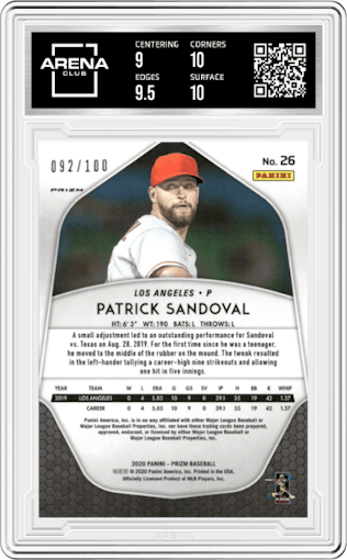 Patrick Sandoval from the 2020 Panini Prizm set featuring a  Neon Orange parallel graded by Arena Club and given an overall grade of 9.5.
