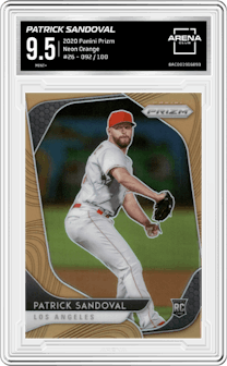 Patrick Sandoval from the 2020 Panini Prizm set featuring a  Neon Orange parallel graded by Arena Club and given an overall grade of 9.5.