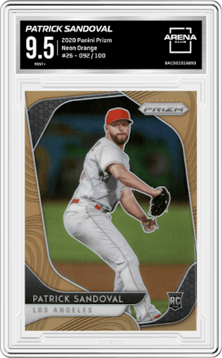 Patrick Sandoval from the 2020 Panini Prizm set featuring a  Neon Orange parallel graded by Arena Club and given an overall grade of 9.5.