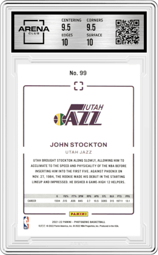 John Stockton from the 2021-22 Panini PhotoGenic set graded by Arena Club and given an overall grade of 10.