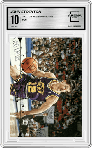John Stockton from the 2021-22 Panini PhotoGenic set graded by Arena Club and given an overall grade of 10.